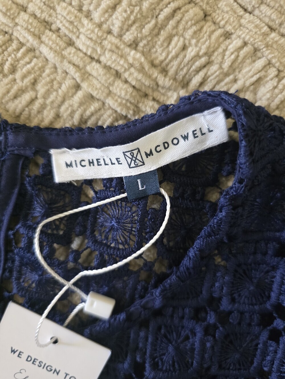 NWT Boutique Navy Blue Crochet Lace Bell Sleeve Blouse | Size L Boho Cottagecore - Picture 2 of 12